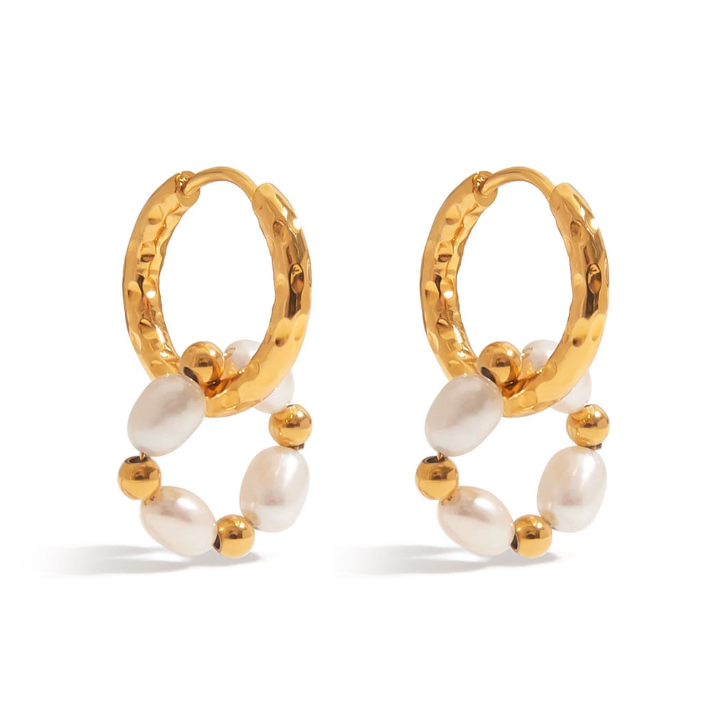 Retro Stainless Steel Gold Color Pearl Hoop Earrings