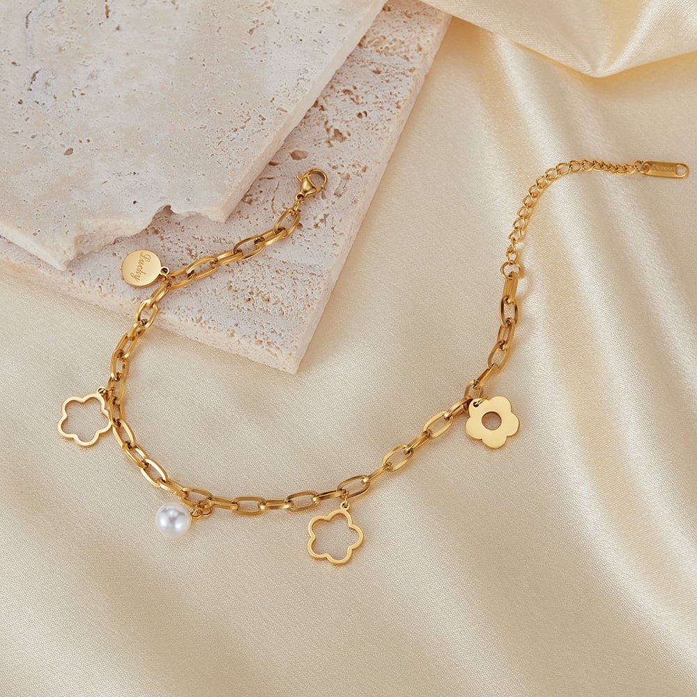 Fußkettchen aus Edelstahl mit Blumen in Goldfarbe h5Bild4