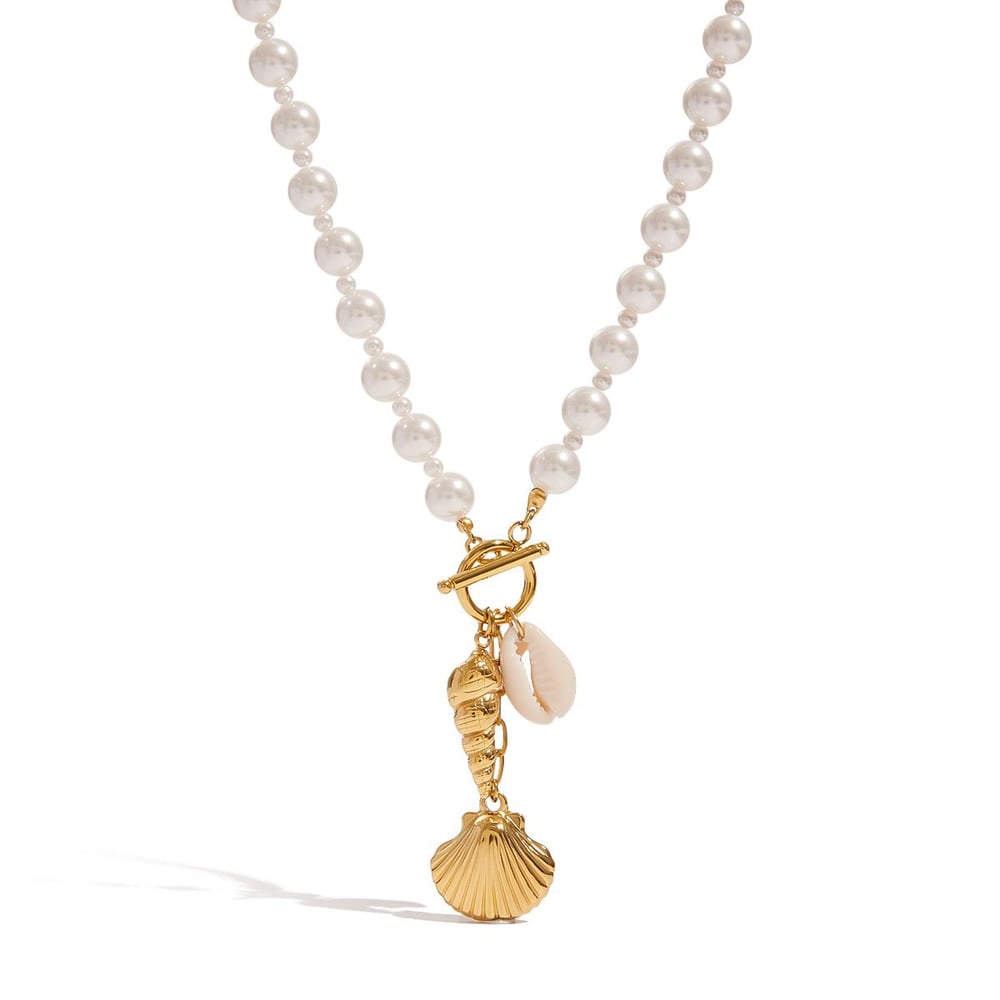 Oceanic Stainless Steel Gold Color Shell Beaded Necklaces h5Picture5
