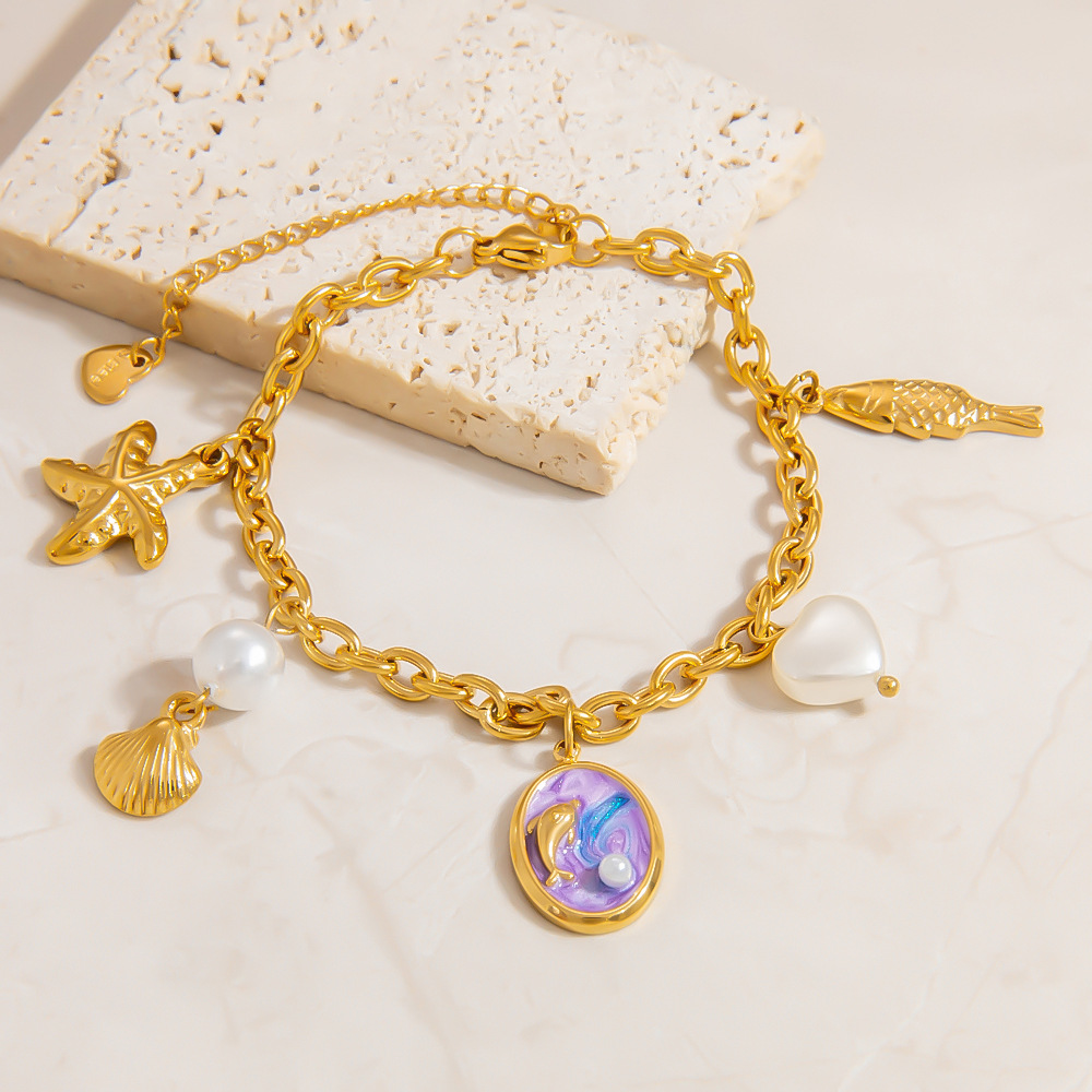 Vacation Turtle Stainless Steel Gold Color Artificial Pearl Women's Charm Bracelets h5Picture4