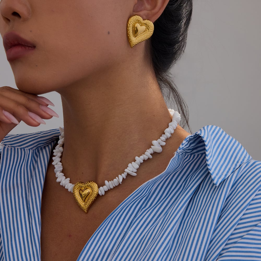 Romantic Heart Stainless Steel Gold Color Beaded Necklaces h5Picture3