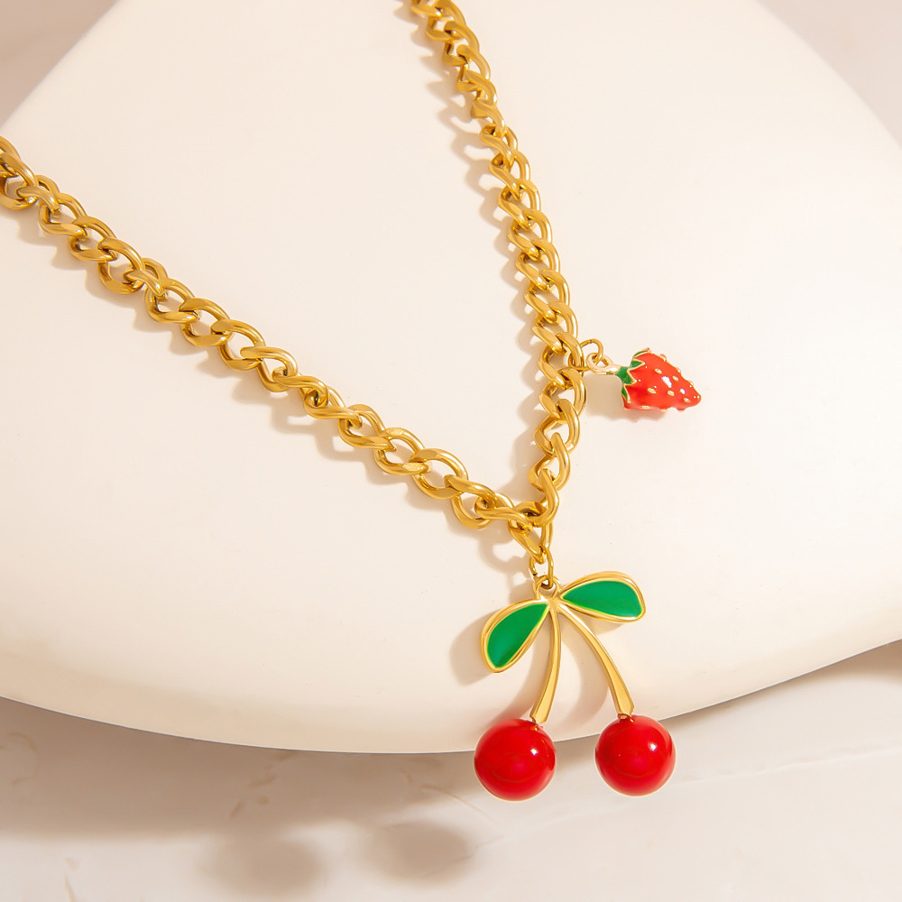 Sweet Cherry Stainless Steel Gold Color Pendant Necklaces h5Picture5