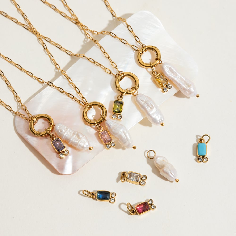 Twelve Birthstones Stainless Steel Gold Color Pearl Pendant Necklaces h5Picture2