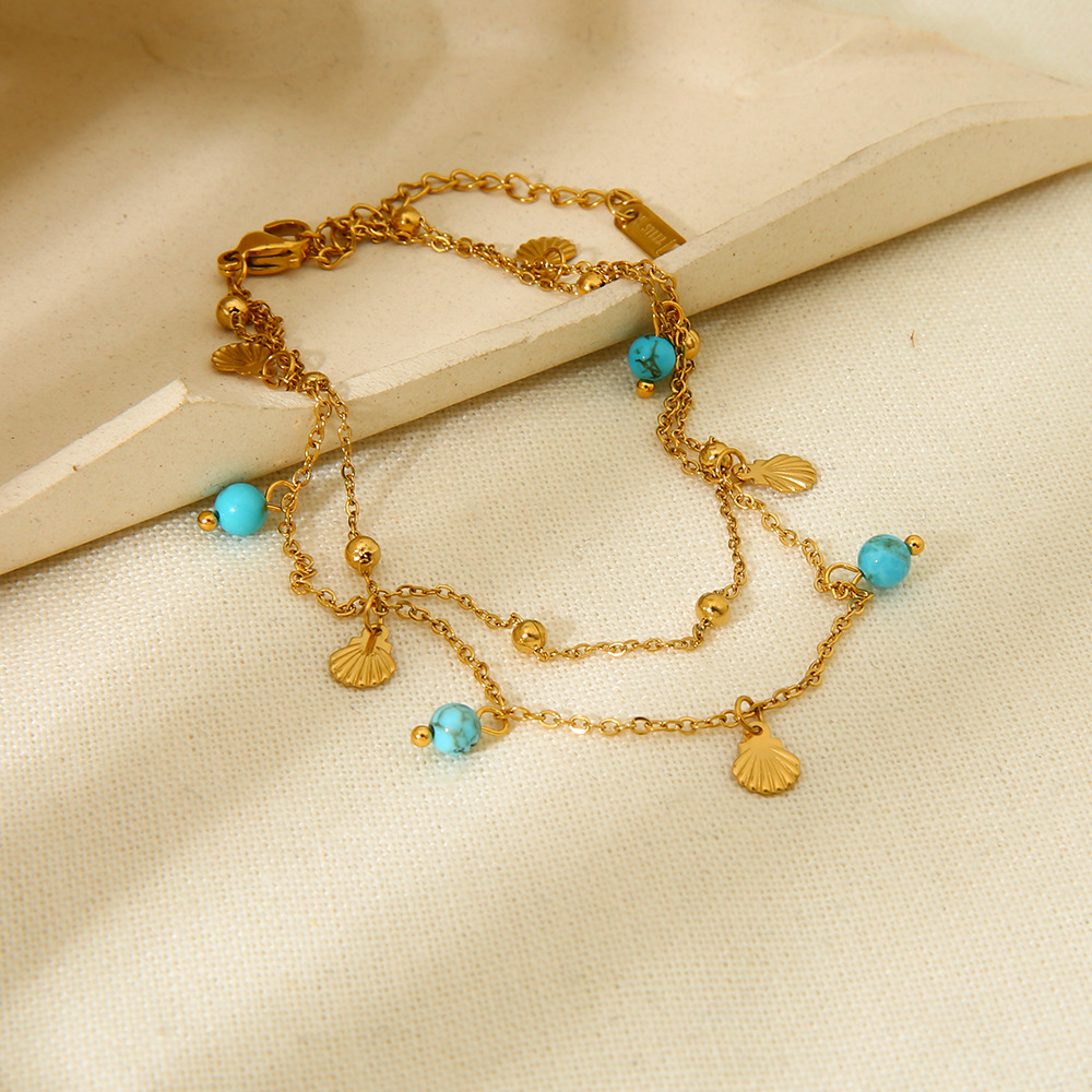 1 Pair Simple Series Bohemian Turtle Stainless Steel   Gold Color  Artificial Gemstone Anklets h5Picture3