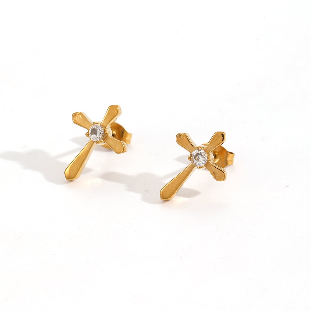 Cross Stainless Steel Gold Color Stud Earrings