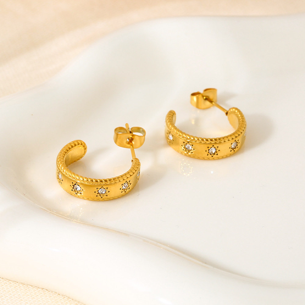 1 paire de boucles d'oreilles créoles rétro en acier inoxydable et zircon pour femme, série classique Image3