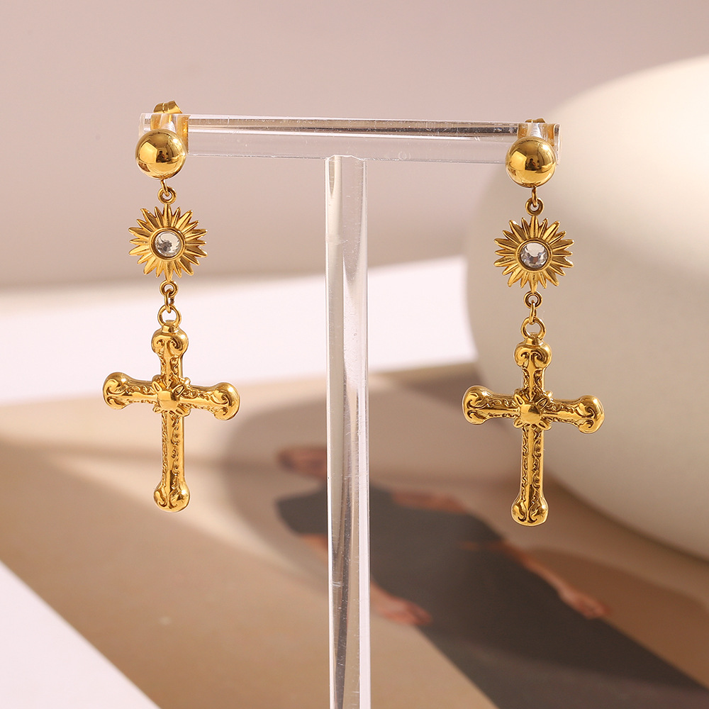 1 par de pendientes colgantes de acero inoxidable con forma de cruz clásica de serie simple para mujer h5Imagen2
