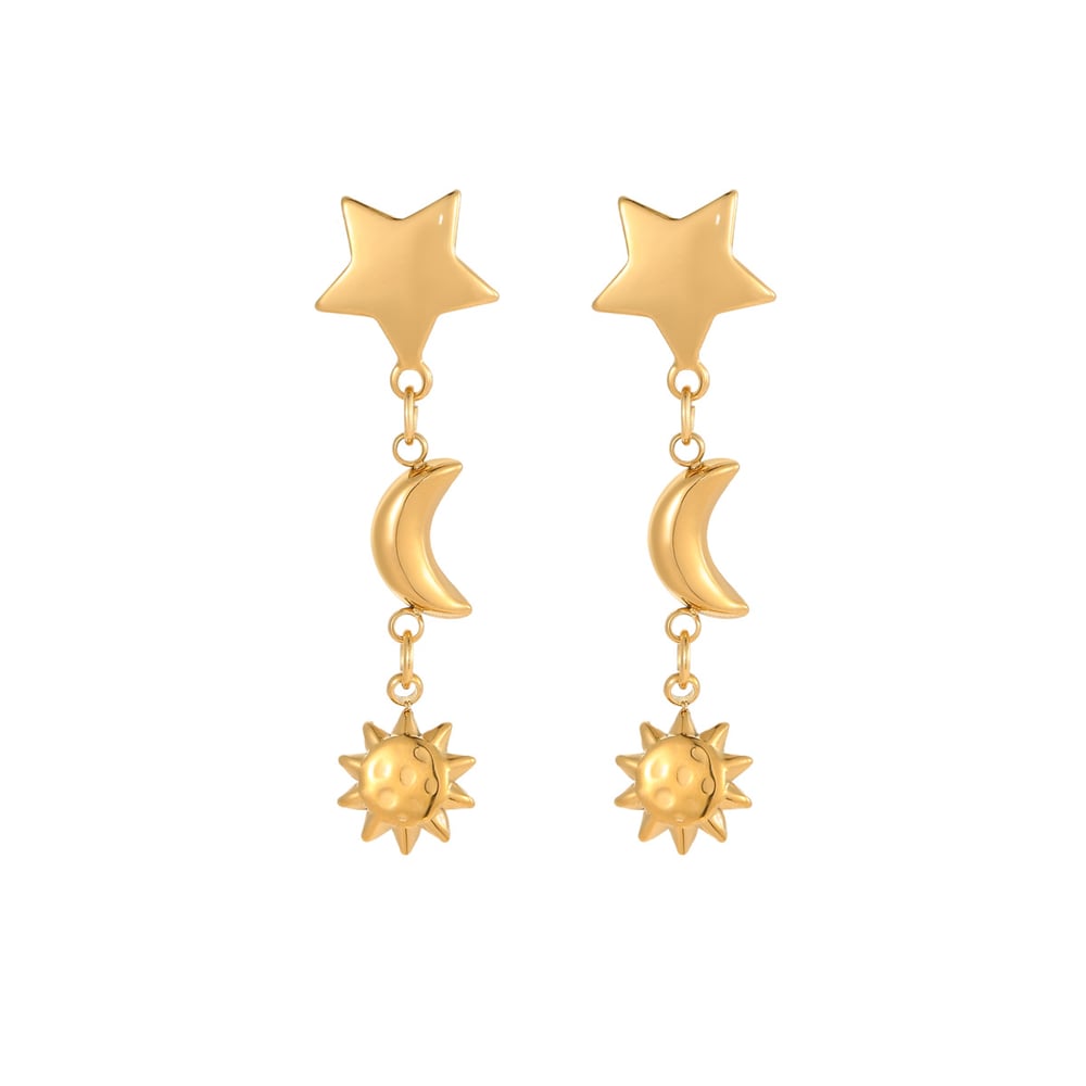 Orecchini pendenti da donna in acciaio inossidabile color oro con sole e luna Immagine5