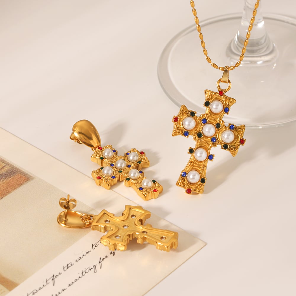 Tägliches Kreuz Edelstahl Gold Farbe Zirkon Damen Anhänger Halsketten Bild4