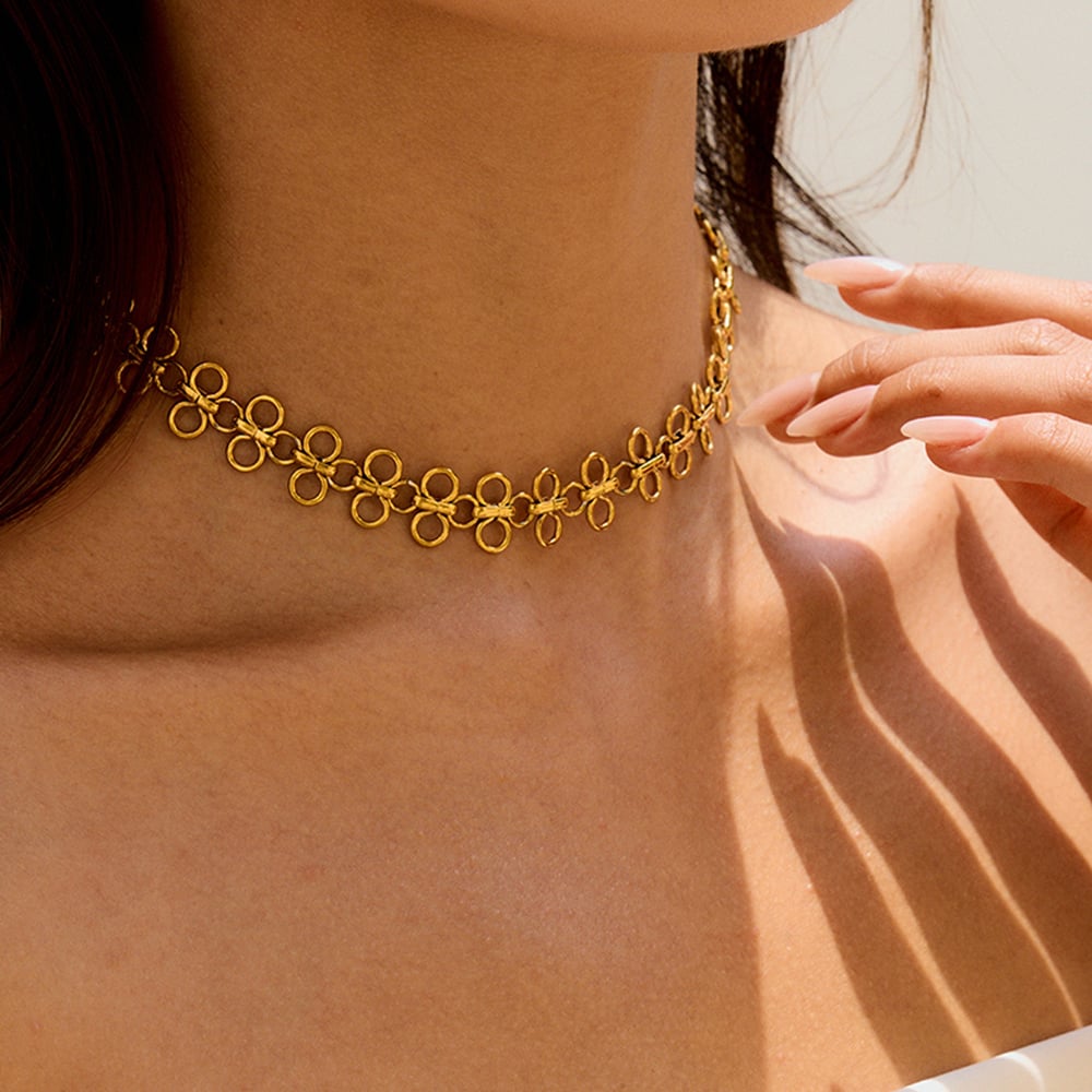 1 par de collares de cadena de acero inoxidable color dorado con  de trébol para mujer h5Imagen3