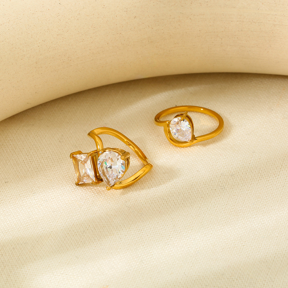 Luxurious Series Elegant Geometric Stainless Steel Gold Color  Zircon Ring Sets Picture4