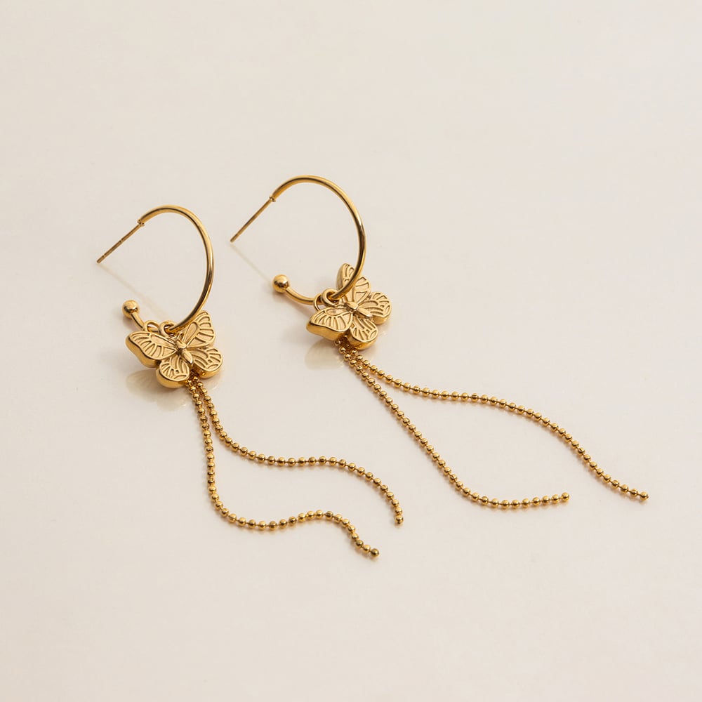 1 par de pendientes colgantes de acero inoxidable dorados con borlas de mariposa, serie romántica para mujer h5Imagen5