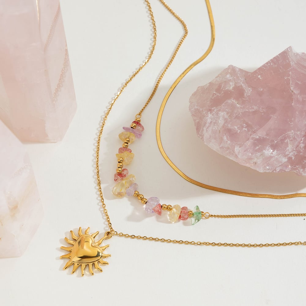 Collier élégant en acier inoxydable doré pour femme, motif soleil, à plusieurs niveaux h5Image5