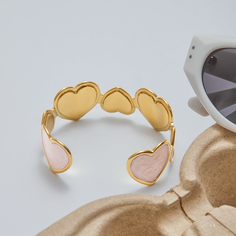 Braccialetti da donna in acciaio inossidabile color oro con cuore rosa della serie romantica, 1 pezzo Immagine8