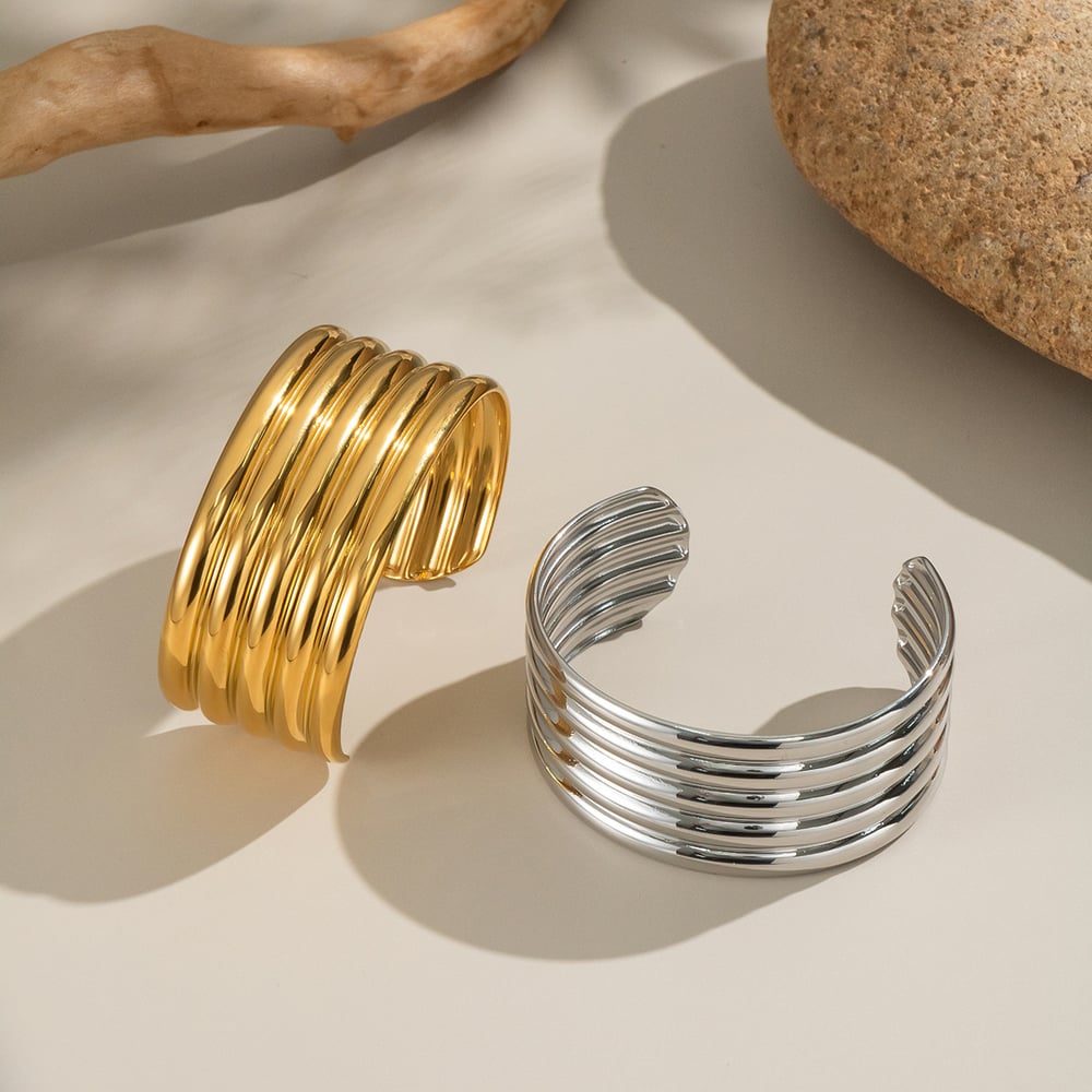 1 Piece Stripe Stainless Steel Gold Color Cuff Bracelet h5Picture3
