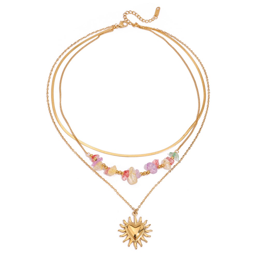 Collier élégant en acier inoxydable doré pour femme, motif soleil, à plusieurs niveaux