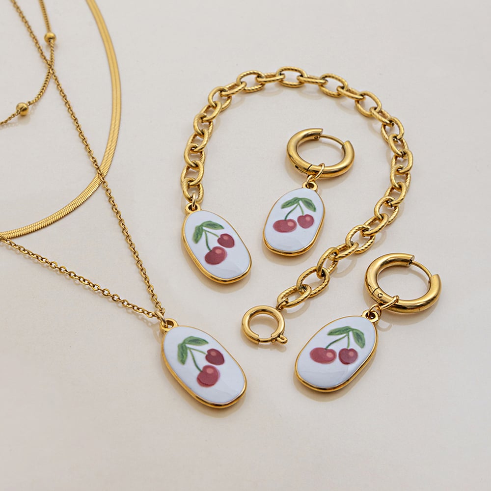 1 Pair Natural Cherry Stainless Steel Gold Color Women's Pendant Necklaces h5Picture8