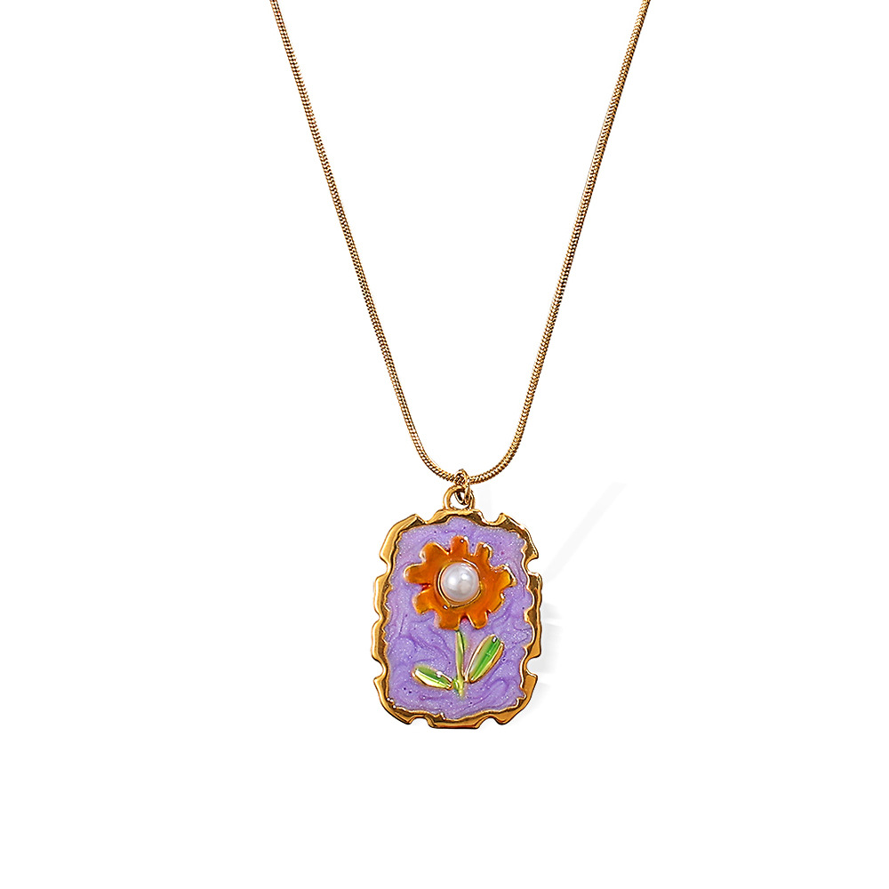 1 Piece Enamel Flower Stainless Steel Gold Color Pendant Necklace h5Picture4