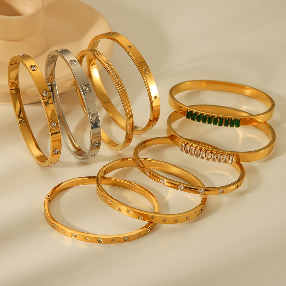 1 Paar einfache Serie täglich geometrische Edelstahl Gold Farbe Zirkon Damen Armreifen Bild8