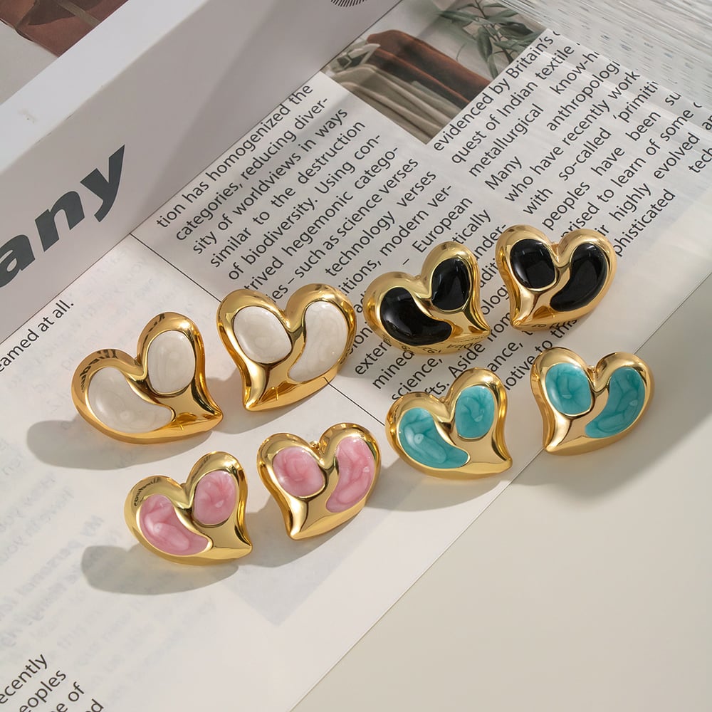 1 Pair Heart Enamel Stainless Steel Gold Color Stud Earrings h5Picture3