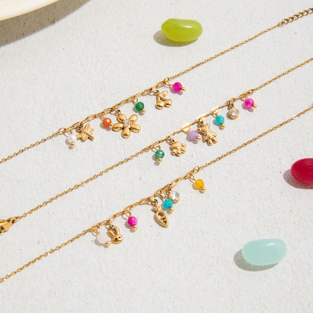 Pulseras con dijes de acero inoxidable dorado con diseño de flores elegantes de serie colorida de 1 pieza para mujer h5Imagen5