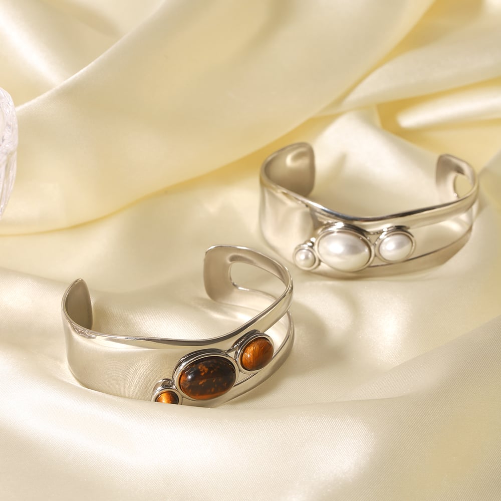 1 Paar Simple Series Tägliche Edelstahl Goldfarbene Perlen Damen Armreifen h5Bild6