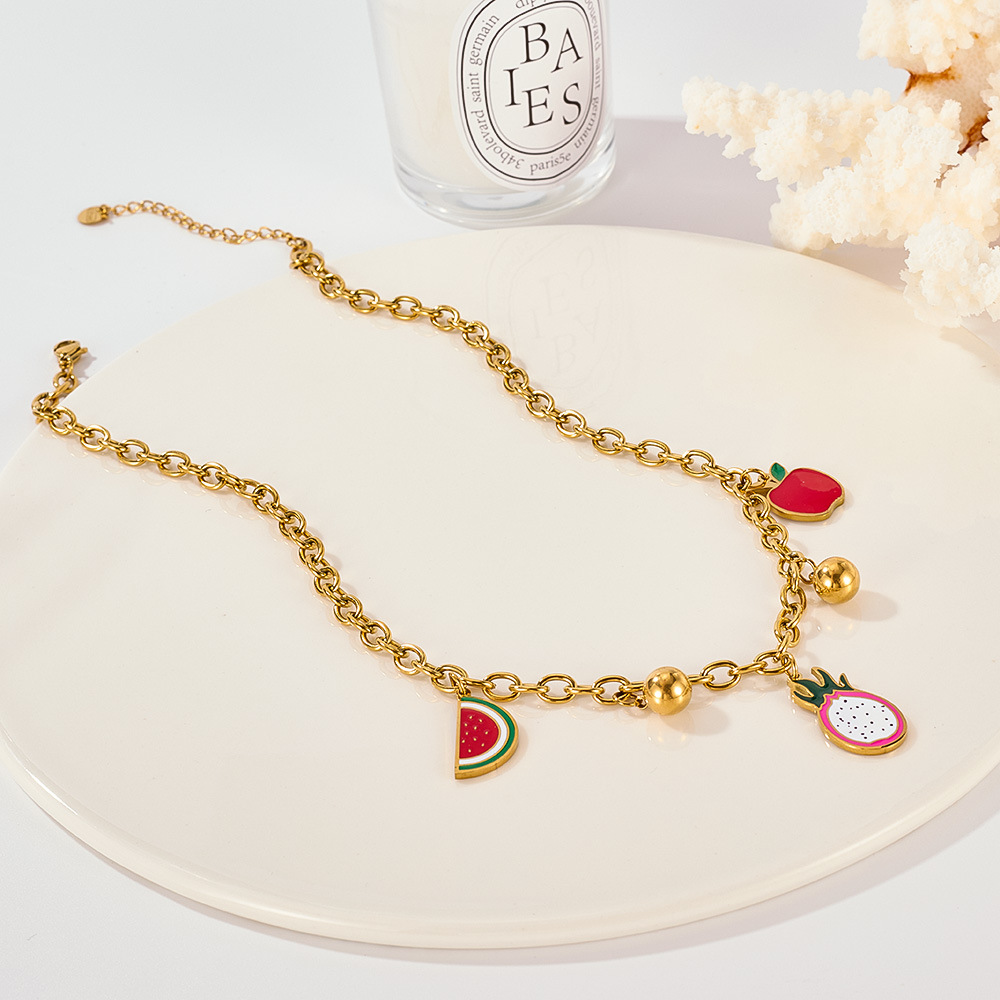 1 pezzo di collana con ciondolo da donna in acciaio inossidabile color oro con frutti policromi h5Immagine4