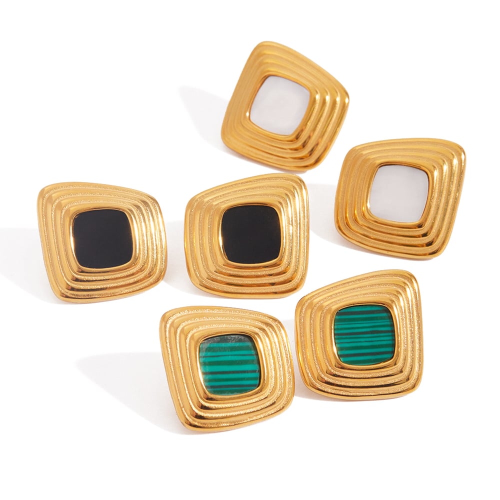 1 paio di orecchini a bottone da donna in acciaio inossidabile color oro, rettangolari, eleganti, della serie classica h5Immagine7