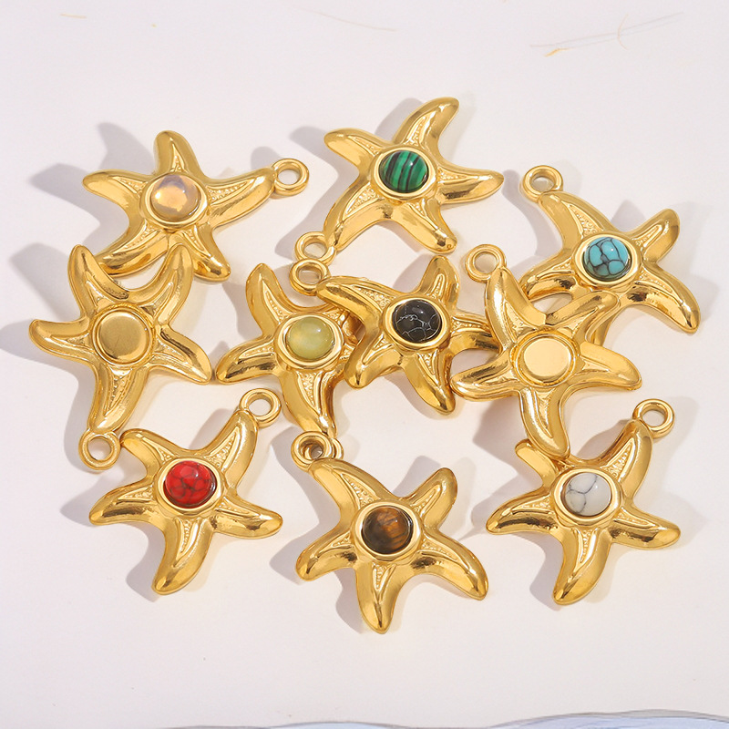 1 pezzo fai da te ciondolo a forma di stella marina in pietra naturale in acciaio inossidabile da donna Immagine3