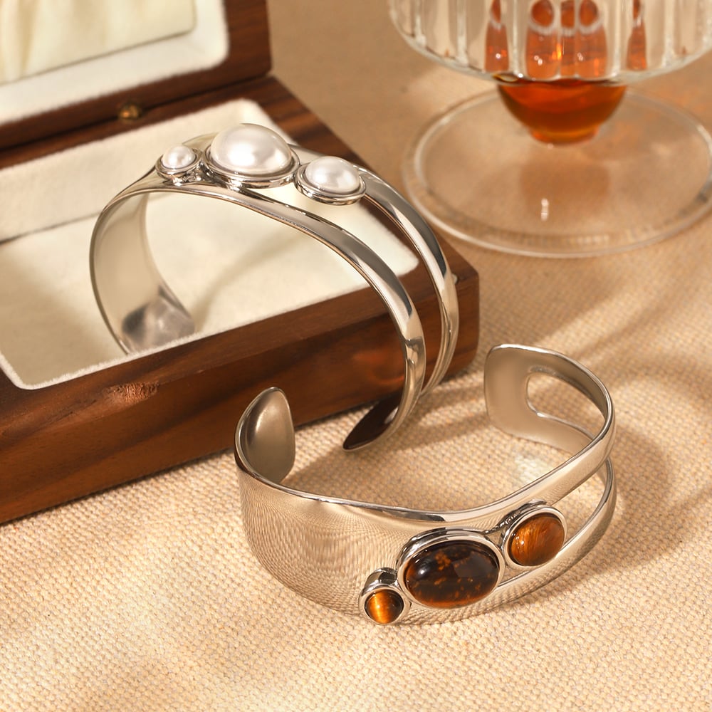 1 Paar Simple Series Tägliche Edelstahl Goldfarbene Perlen Damen Armreifen h5Bild7