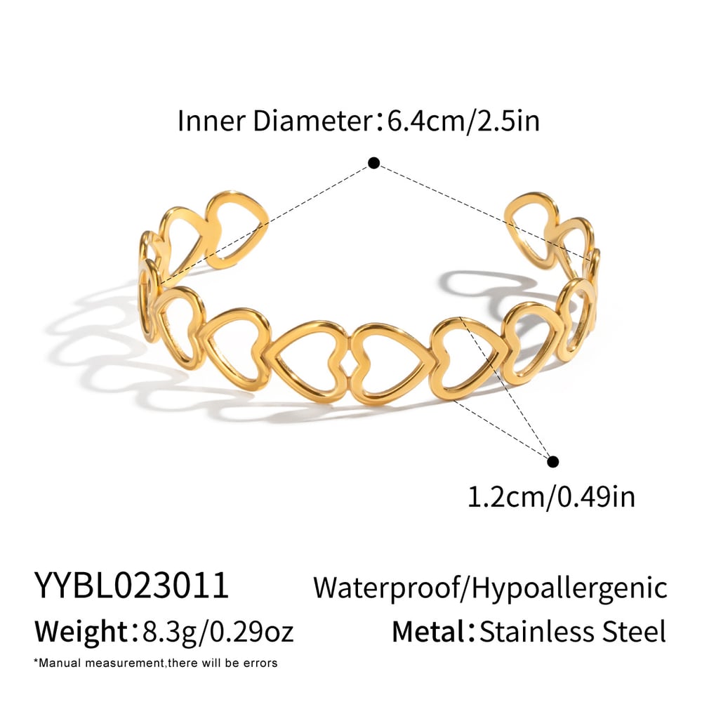1 Piece Classic Heart Stainless Steel Gold Color Cuff Bracelet 