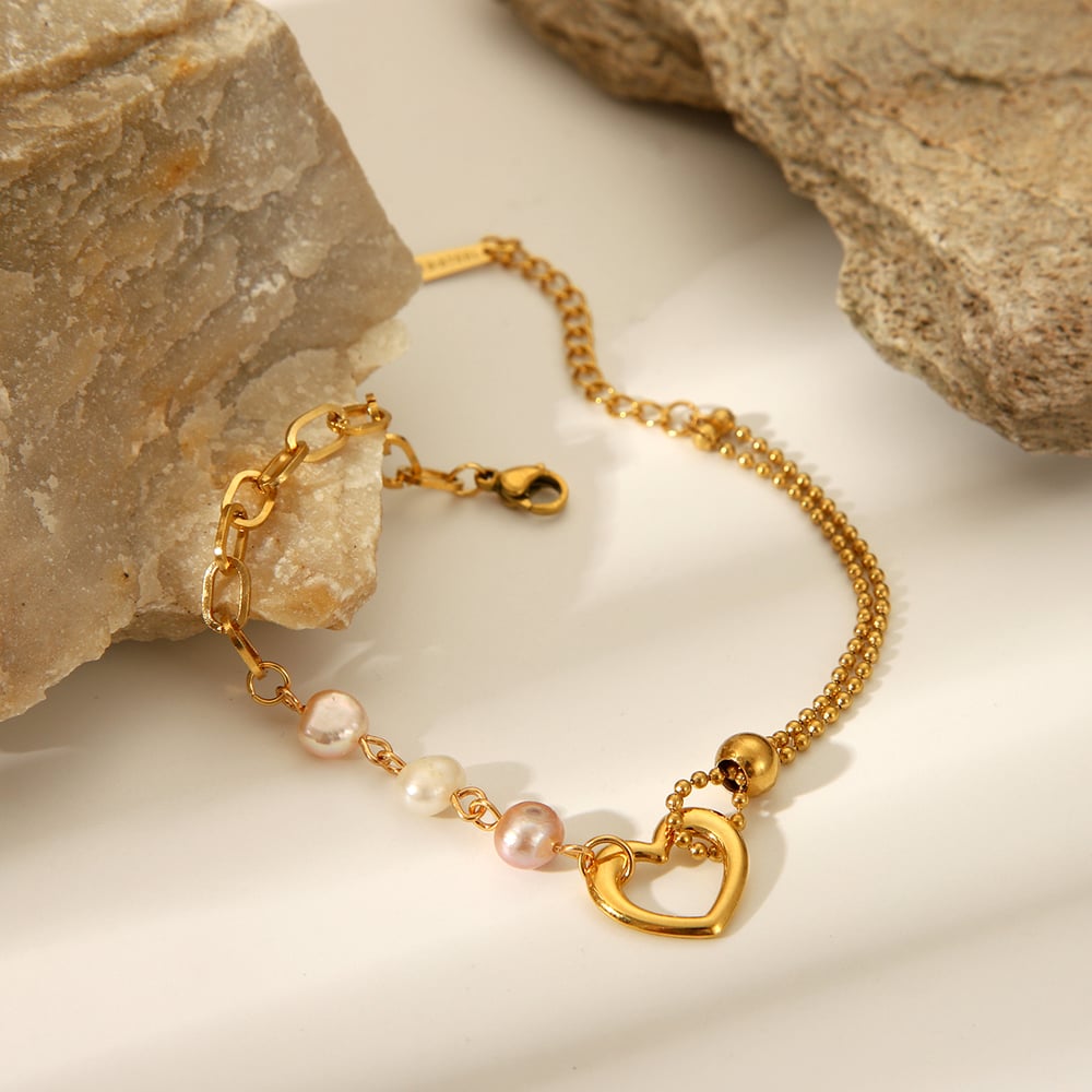 1 Paar Simple Series Sweet Heart Edelstahl Gold Farbe Naturstein Damen Kettenarmbänder Bild6