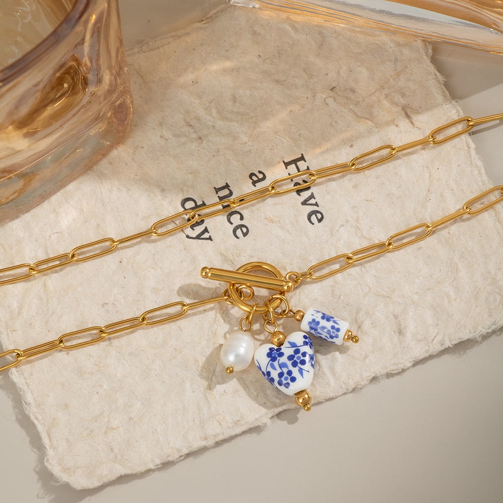 1 Piece Ceramic Flower Stainless Steel Gold Color Pendant Necklace Picture2