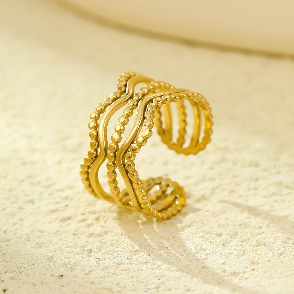 Anelli regolabili da donna in acciaio inossidabile geometrico color oro, giornalieri Immagine4