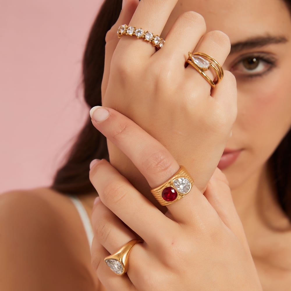 1 stuk luxe serie retro druppel roestvrij staal goudkleurige dames edelsteen ringen h5Afbeelding2