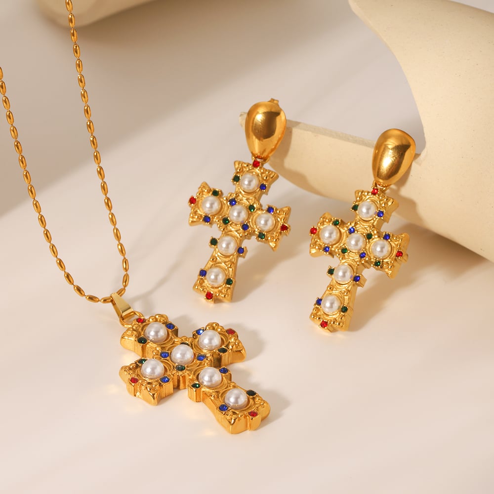 Tägliches Kreuz Edelstahl Gold Farbe Zirkon Damen Anhänger Halsketten Bild7