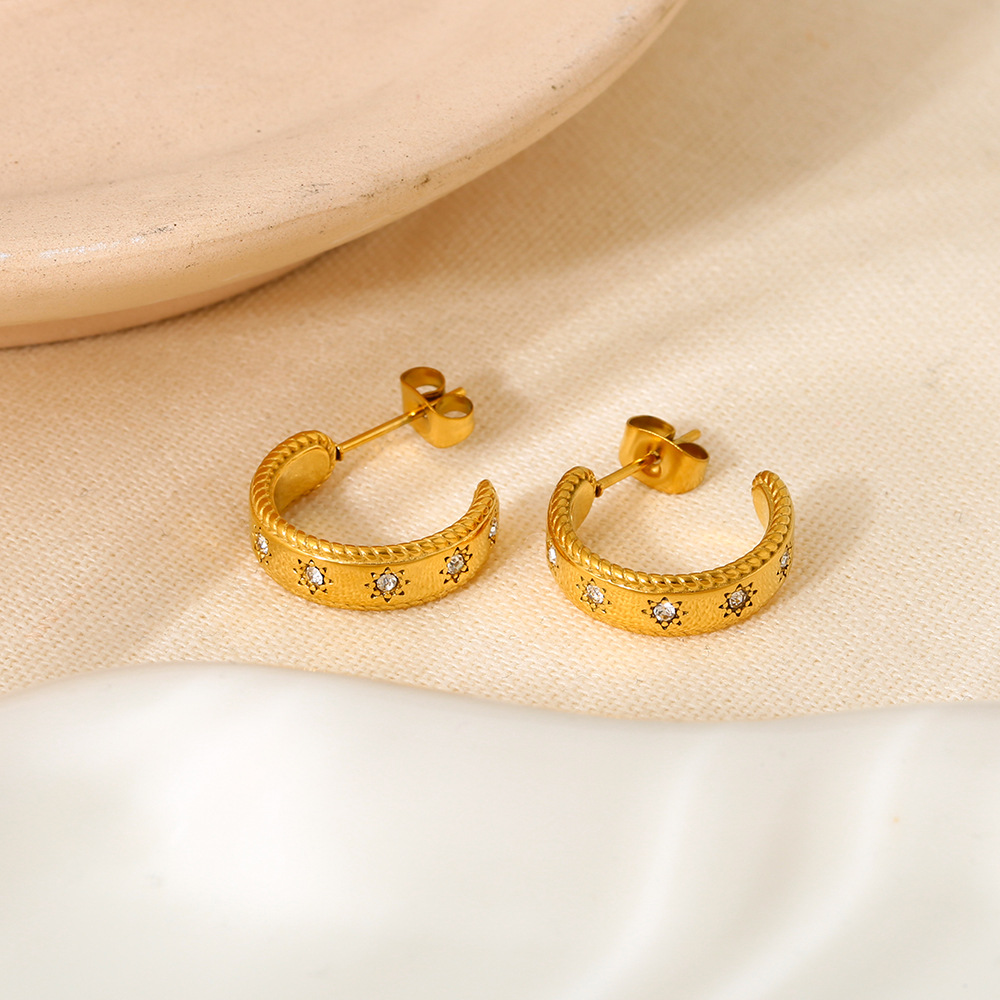 1 paire de boucles d'oreilles créoles rétro en acier inoxydable et zircon pour femme, série classique Image4