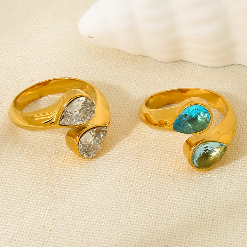 Anillo de acero inoxidable para mujer con forma de gota de agua de lujo y luz h5Imagen3