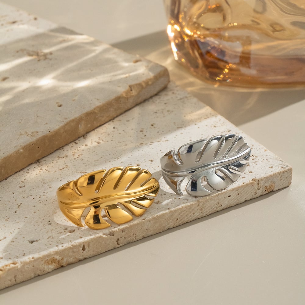 1 Piece Leaf Shape Stainless Steel Gold Color Statement Ring h5Picture3