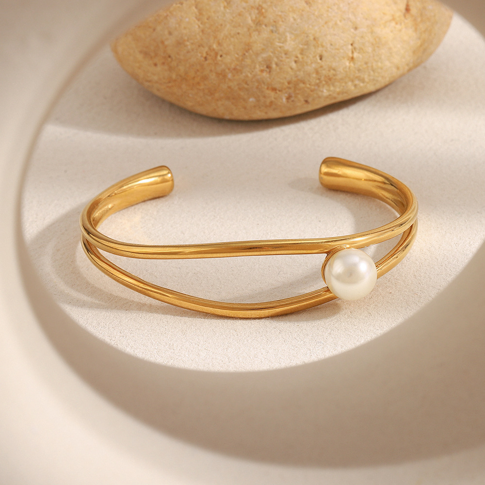 1 Piece Simple Series Elegant Circle Stainless Steel Artificial Pearl Women's Bangles h5Picture3