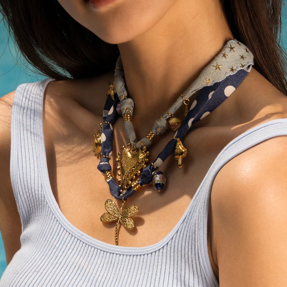 1 collar romántico con colgante de tela de acero inoxidable color dorado. h5Imagen3