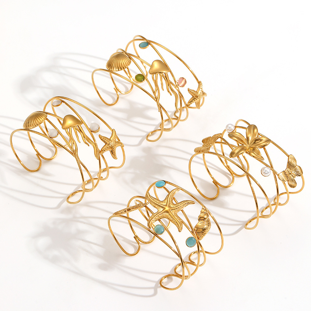 1 Piece Ins Style Oceanic Stainless Steel  Gold Color Cuff Bracelet Picture3