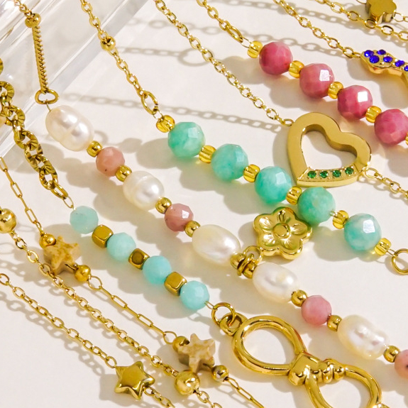 1 Piece Simple Series Sweet Heart Stainless Steel  Natural Stone Women's Beaded Bracelets Picture2