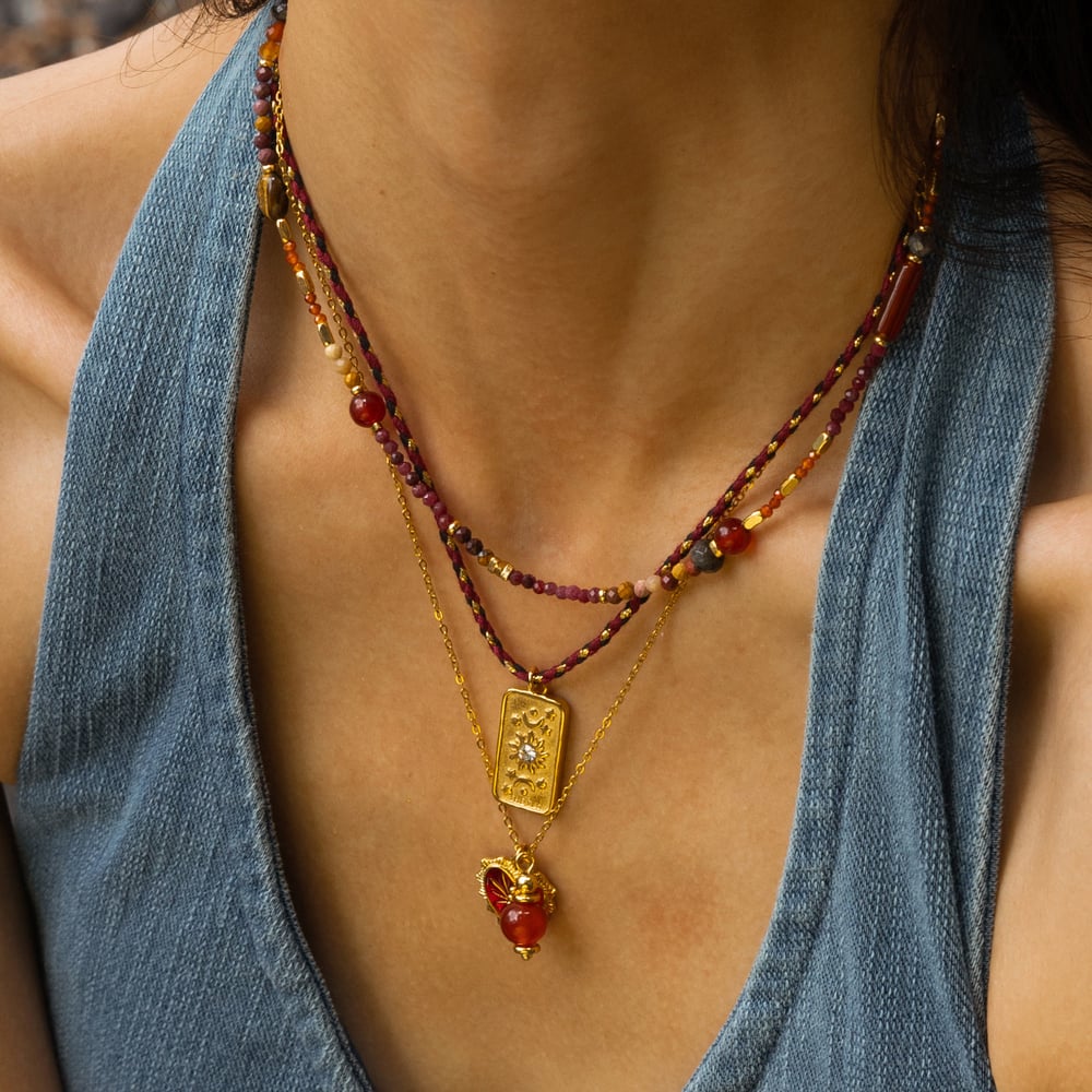 Collana con perline in pietra naturale color oro e acciaio inossidabile con tarocchi, 1 pezzo h5Immagine2