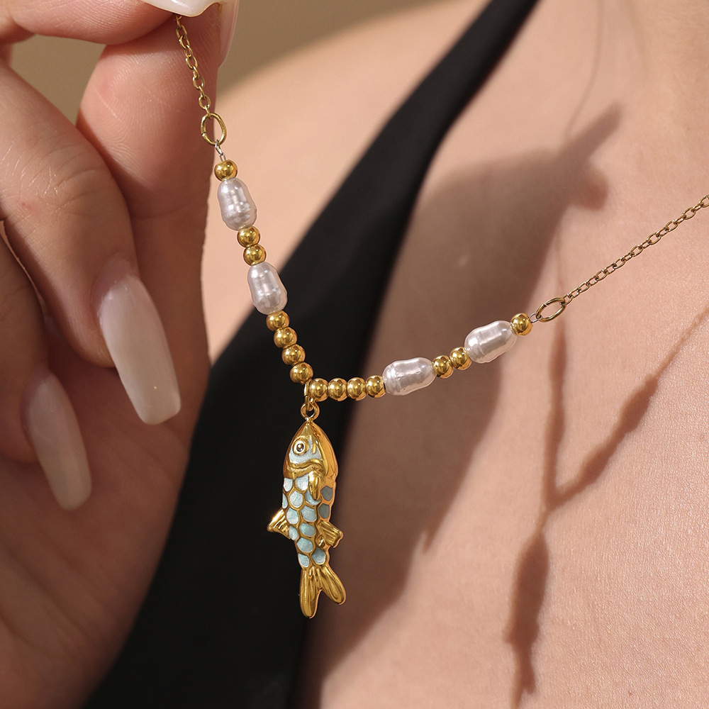 1 Piece Colorful Fish Stainless Steel Gold Color Women's Necklaces Sets h5Picture2