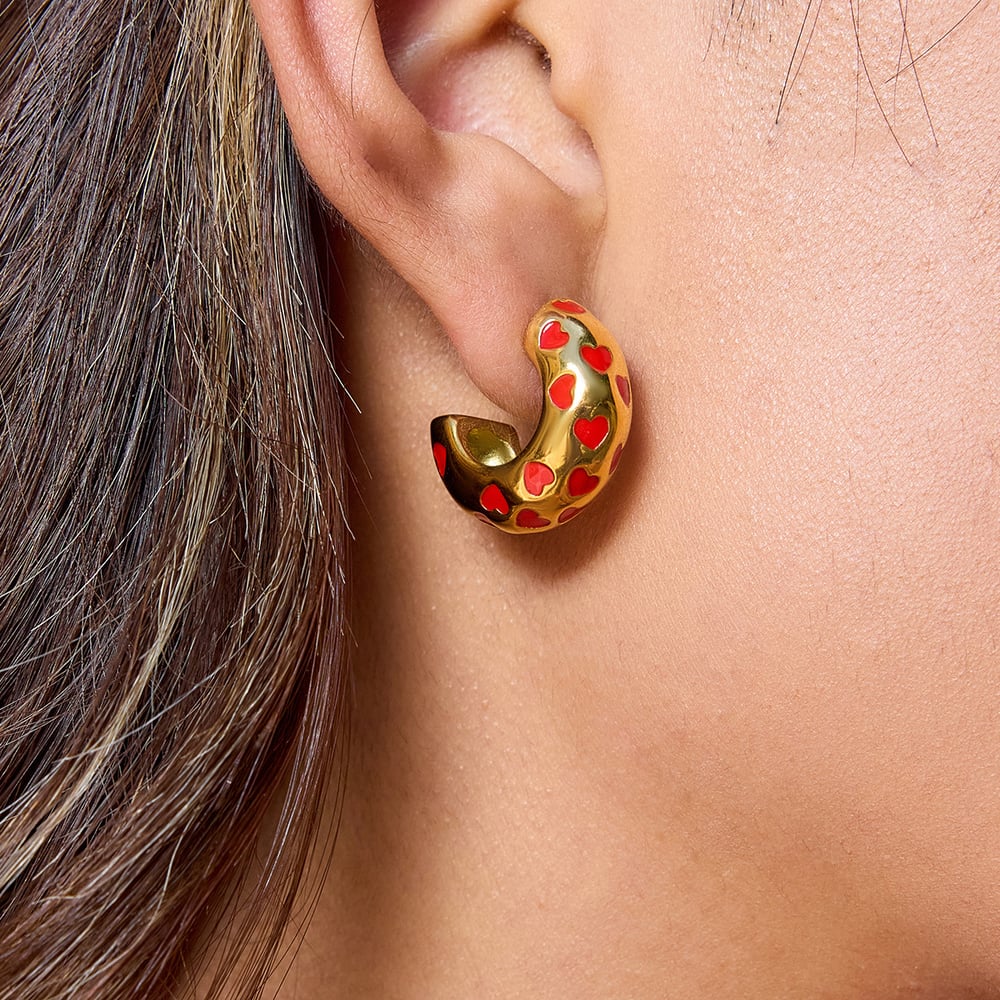 1 Pair Sweet Red Heart Stainless Steel Gold Color Women's Hoop Earrings h5Picture3