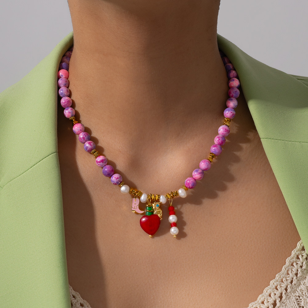 1 Piece Bright-coloured Heart Natural Stones Gold Color Women's Beaded Necklaces Picture5