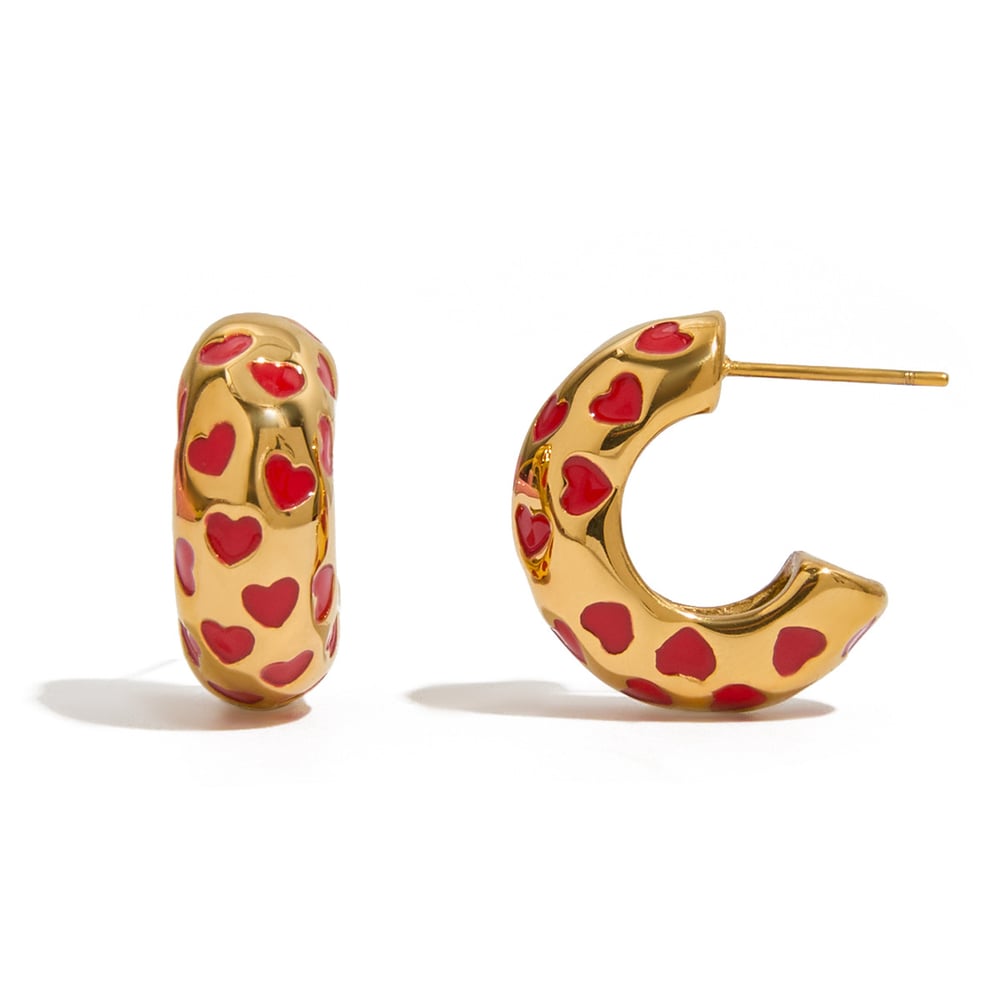 1 Pair Sweet Red Heart Stainless Steel Gold Color Women's Hoop Earrings