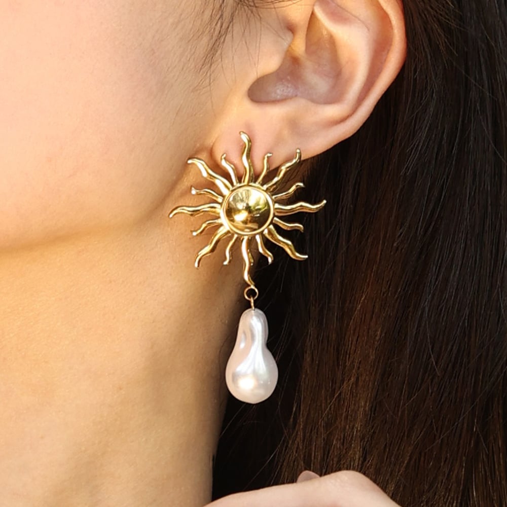 1 Pair Sun Stainless Steel Gold Color Drop Earrings h5Picture4