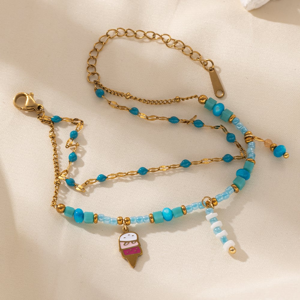 1 Piece Romantic Series Sweet Flower Heart Stainless Steel  Gold Color Beaded Bracelet h5Picture3